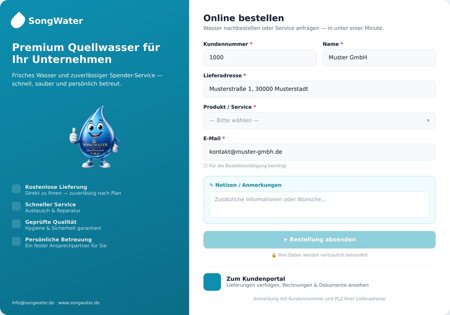 SongWater Kunden-Portal — online bestellen