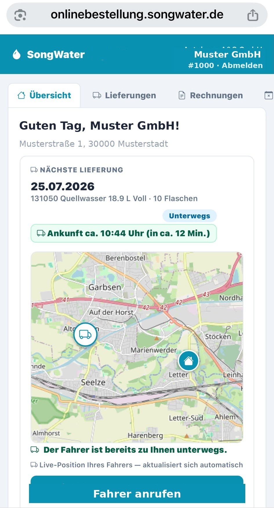 Live-Verfolgung des Fahrers im SongWater Kunden-Portal